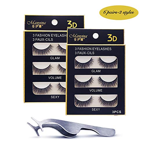 MANYINA 6 Pairs Fake Eyelashes Reusable 3D Handmade False Eyelashes Set for Natural Look with False Lashes Applicator-2 Styles