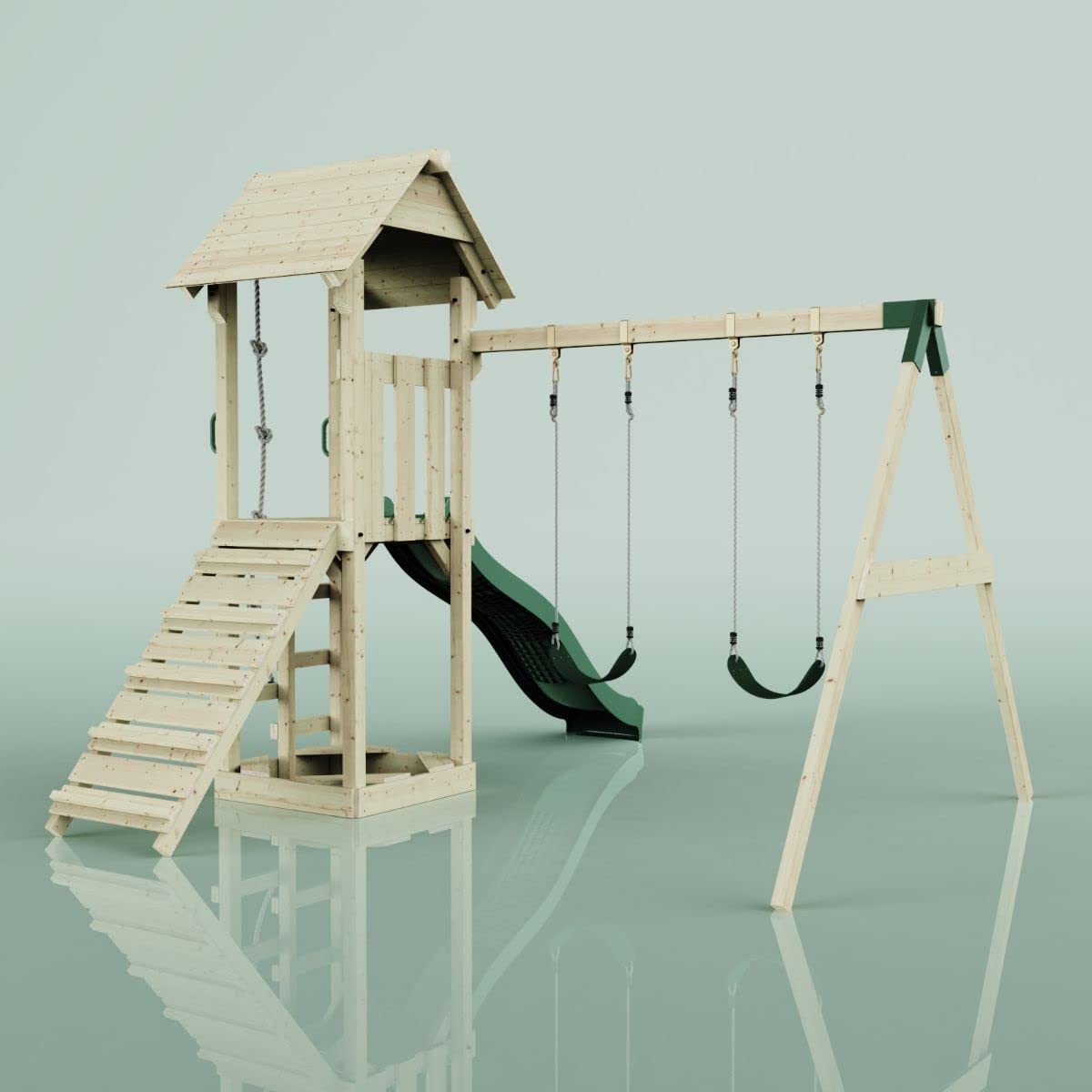 Rebo Spielturm mit Wellenrutsche und Kinder-Schaukel, Outdoor Klettergerüst Garten,Smaragdgrün