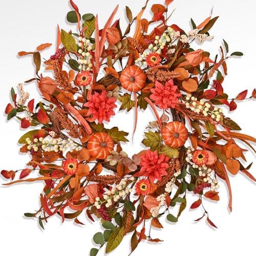 24' Pumpkin Fall Wreath with Colorful Mixed Leaves, Autumn Wildflower Artificial Wreath with Berry for Thanksgiving Halloween Front Door Home Wall Farmhouse Holiday Outdoor Indoor Décor