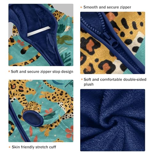 Leopard Animals with Floral Toddler Fleece Jacket Girl Boys Hooded Fleece Jacket Coat Warm Outwear Zip-up 3-10T3