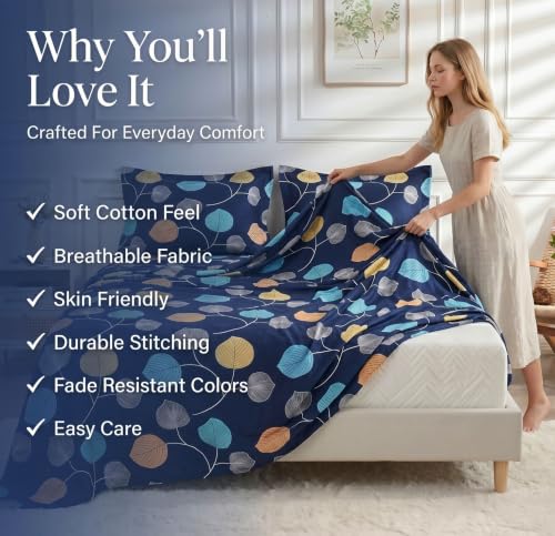 Image of BSB HOME 210 TC Cotton Feel Double Bedsheet with 2 Pillow Covers, Soft & Breathable Floral Printed Bed Sheet, Easy Care Bedding for Bedroom - 86 x 88 Inches (218 x 224 cm) (Midnight Ink Navy)