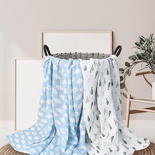 Image of Miracle Baby Muslin Swaddle Blanket for Girl Boy, 47 inchx47 inch 100% Cotton Muslin Extra-Large Swaddle Blankets, Muslin Swaddling Wrap Neutral Receiving Blanket for Newborn, 2 Pack, Cloud + Whale