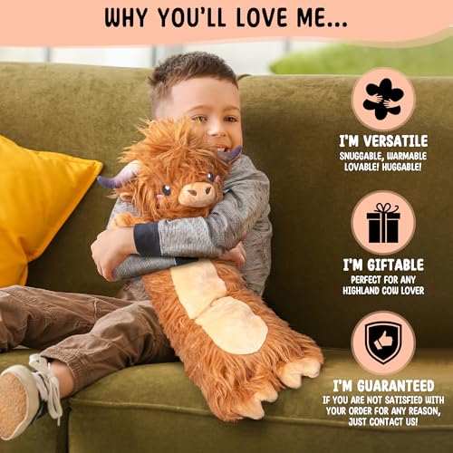 Image of Brown Highland Cow Microwavable & Weighted Stuffed Animals - Unscented Heatable Plush Doll, Cute Cow Plush Toys Gifts for Girls Boys and Kids, Happy Fuel