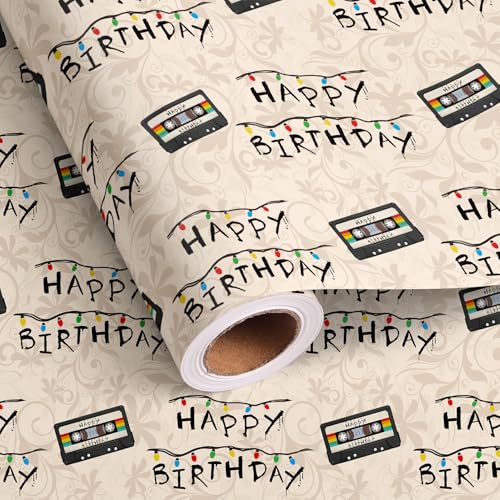lopmou Stranger Birthday Wrapping Paper Roll for Men Women Kids - Vintage Neon Light Cassette Tape with Happy Birthday Text Design Gift Wrap for Holiday Pary Supplies DIY Craft (Total 28.5 sq.ft)(Total 28.5 sq.ft)