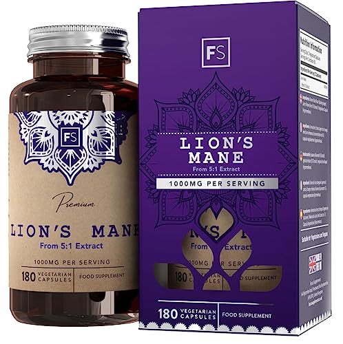 FS Lions Mane Capsule 1000mg | 180 Capsules Vegane - Fornitura per 6 Mesi di Ad Alta Resistenza Fungo Criniera di Leone | Integratori Funghi | Non-OGM, Senza Glutine e Latticini | Certificate ISO