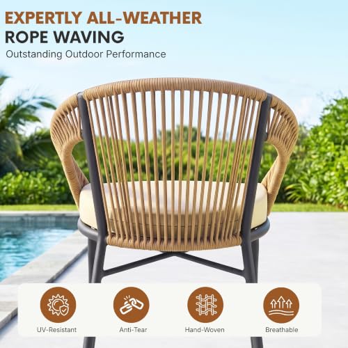 Image of DEVOKO Bliss 3 Piece Outdoor Patio Rope Conversation Set with Glass Top Table (Beige /Cream), Powder-Coated Metal Frame & Water-Resistant Cushions for Balcony, Garden, Terrace
