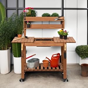Best choice products mobile garden potting bench outdoor wood workstation table wsliding tabletop 4 locking wheels food grade dry sink storage shelves brown  urban country home decor