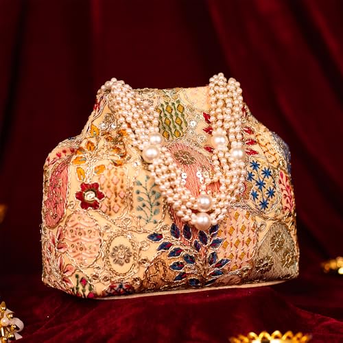 Image of Opulent Pearl Potli Bag, Bridal Wedding Handbag, Designer Beaded Clutch for Women, Festive Ethnic Purse