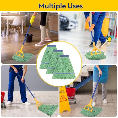 Image of Matthew Cleaning Heavy Duty Mop Head Commercial Replacement for General and Floor Cleaning , Wet Industrial Blue Cotton Looped End String Head Refill (Pack of 12) Green