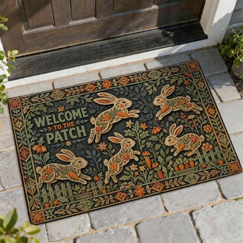 Felpudo de bienvenida con diseño de conejo, diseño de flores de primavera, verde, antideslizante, atrapasuciedad, para el hogar, interior, exterior, entrada, porche, decoración de 73 x 43 cm