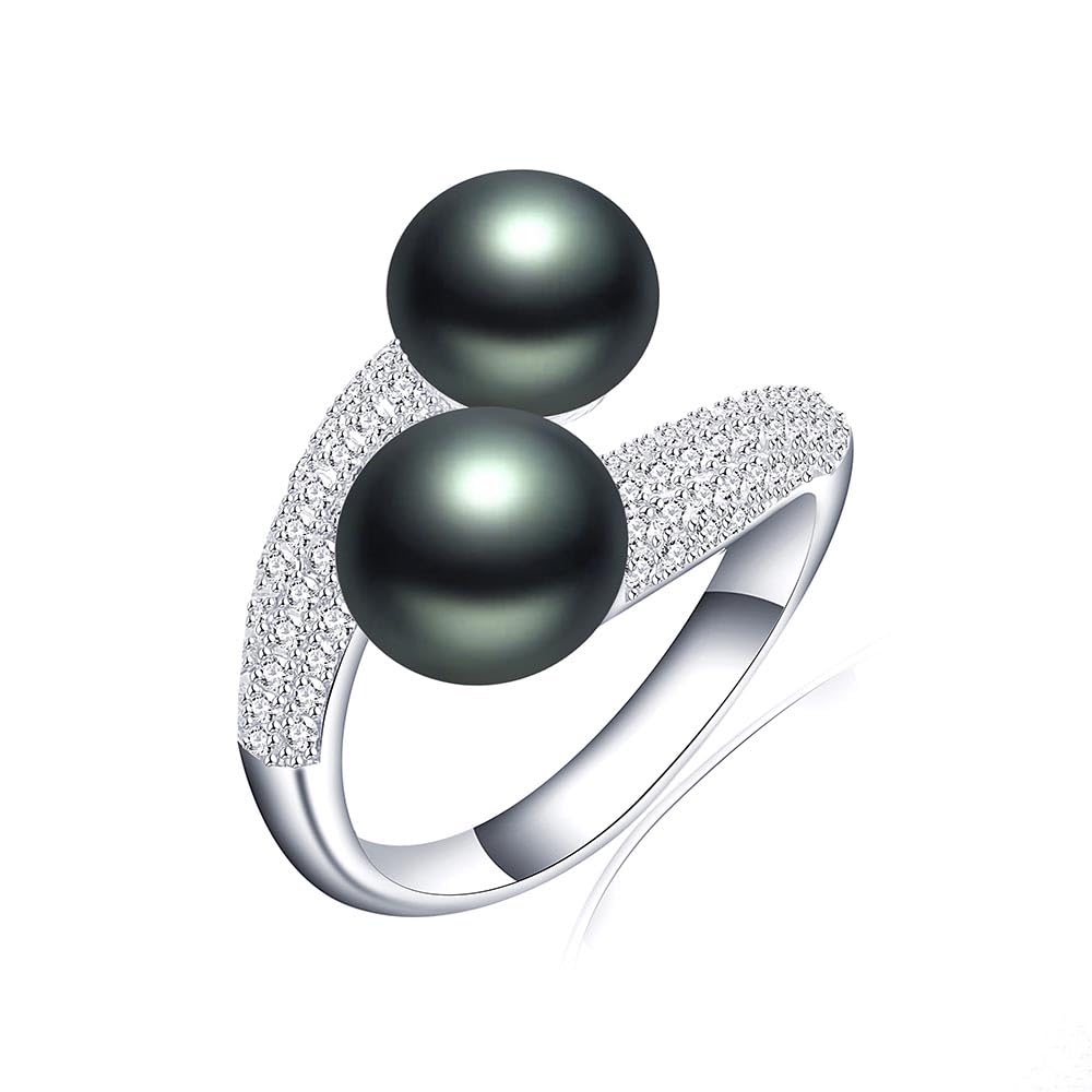 HENGSHENG Pearl Ring Open Twist Stacking Rings for Women Freshwater Bread Pearl with Zirconia Adjustable Crossover Statement Ring Band