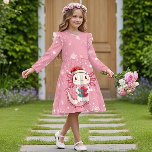 Girls Winter Dress Ruffled Sleeve Fancy Crewneck Dresses Long Sleeve Midi Dress for Toddler 3-14T4