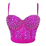 Women's Sequin Bustier Crop Top Sexy Mesh Push Up Sparkly Night Out Corset Glitter Rhinestone Diamond Club Party Bra Hot Pink