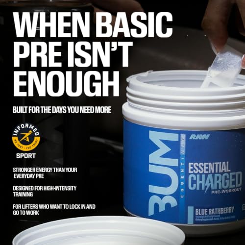Image of RAW Pre-Workout Powder, Essential CHARGED (Blue Rathberry) - Preworkout Supplement for Men & Women - Supports Focus, Mood, & Performance - Caffeine, Alpha-GPC, L-Citrulline, Beta Alanine (25 Servings)
