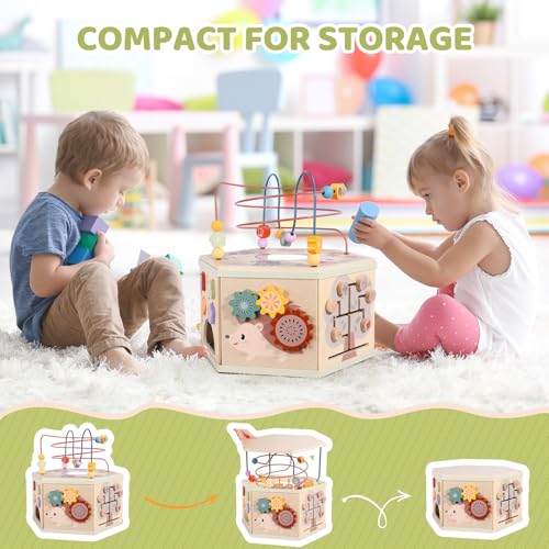Image of Large Wooden Activity Cube for Toddlers, 9 in 1 Educational Baby Activity Cube, Montessori Toys for 1+ Year Old Boys & Girls, Cute Zoo Theme Baby Cube Toy Sorting & Stacking Game, 1st Birthday Gift