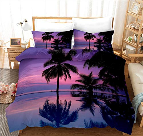 WZSZSA Housse de Couette 2 Personnes 140x200cm 3D Plage Pourpre d'Hawaï Ensemble de literie,Parure de Lit 3 Pièces avec Fermeture à Glissière,avec 1 Housses de Couettes Ado 2 Taies d'oreillers Cover