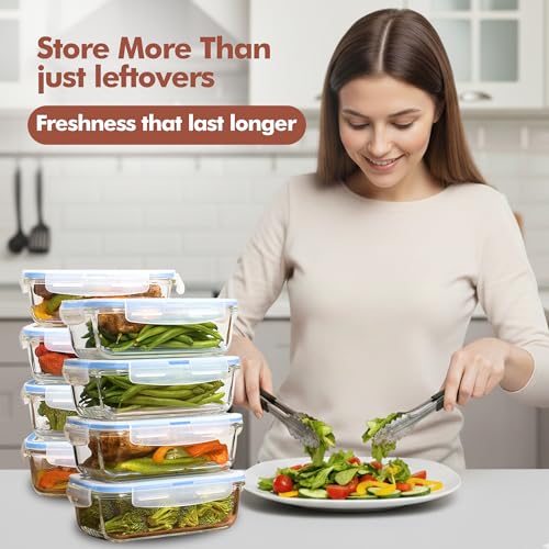 Image of Razab 16 Pc (Set of 8) 30 Oz Glass Meal Prep Containers with Lids, Airtight Large Glass Food Storage Containers, Reusable Leak Proof BPA Free, Freezer to Oven and Dishwasher Safe