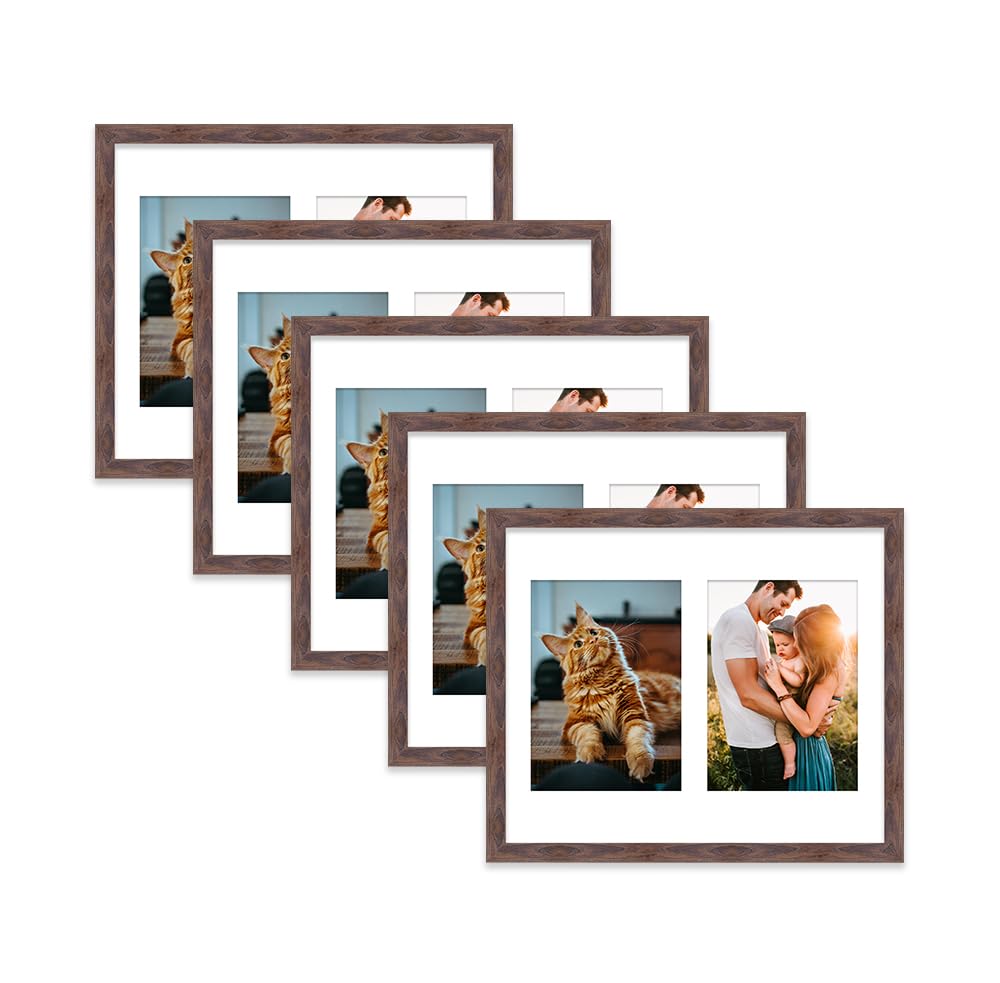 Walnut Multi Photo Frame - Holds 2 x 7x5 Pictures, Family Collage Picture Frame for Wall Display, 12x10 Frame size, Set of 5