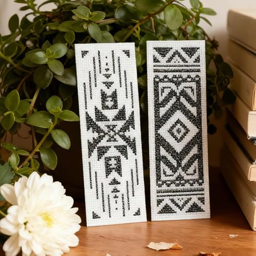 Image of INFUNLY 6pcs Aztec Print Cross Stitch Bookmark Kit for Beginners DIY Vintage Geometry Embroidery Bookmark Kits Black White Needlepoint Kit with Instruction Easy Cross Stitch Set for Book Lovers Reader