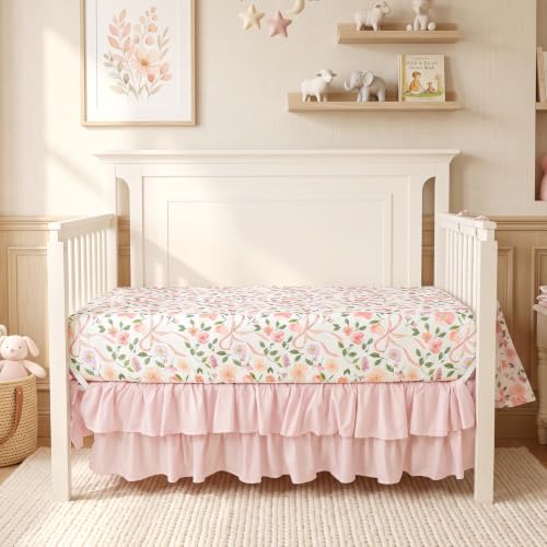 Image of TANOFAR 4 Piece Floral Crib Bedding Set for Girls Soft & Comfort