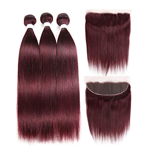 Brazilian Human Virgin Hair Weft 99j Wine Red Burgundy Straight Hair Weaves 3 Bundles With 13X4 Lace Frontal 100% Human Hair Weft Pure Color Silky Straight Hair (16 18 20 with 16f, Burgundy/99J)