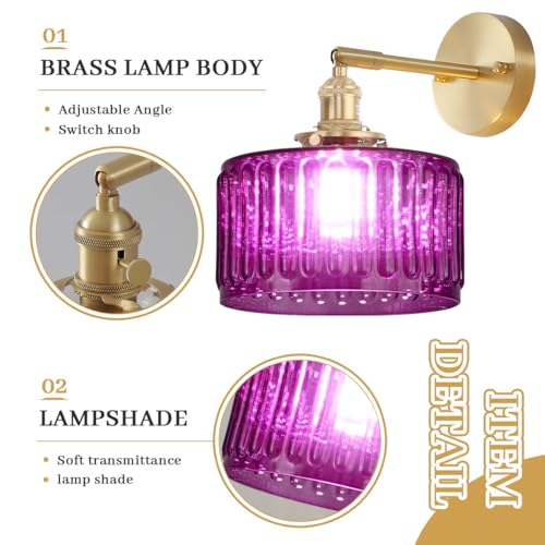 Image of Globe Glass Wall Sconce Purple Antique Vanity Light Striped Shade | Modern Vintage Decor Wall Light 6.7 inch Glass Shade Hardwired 1 Light E26 Base,Gold Brass Finish,Mirror,Living Bedroom,Hallway