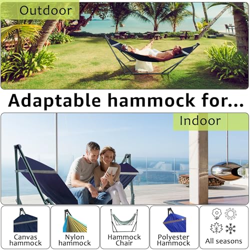 Image of Tranquillo Ultimate Relaxation Portable Hammock Stand with Cotton Canvas Net, Spreader Bar, Quick Fold Unfold in 30 Seconds Steel Frame Hammock 600 lbs Capacity Outdoor, Navy