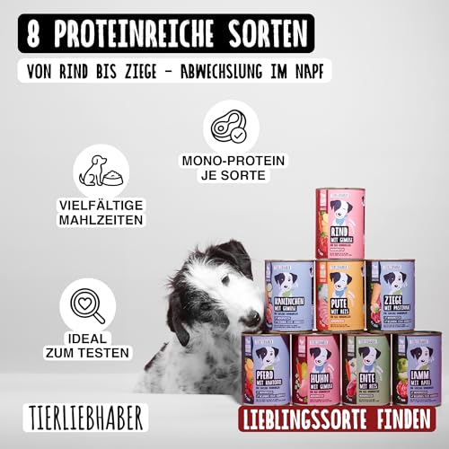 TIERLIEBHABER – Hundefutter Nass 400g Probierpaket à 8 Sorten – Von Tierärzten entwickelt – Nassfutter Hund mit 91% Fleischanteil – Dog Food als Hundenassfutter 400g Dosen