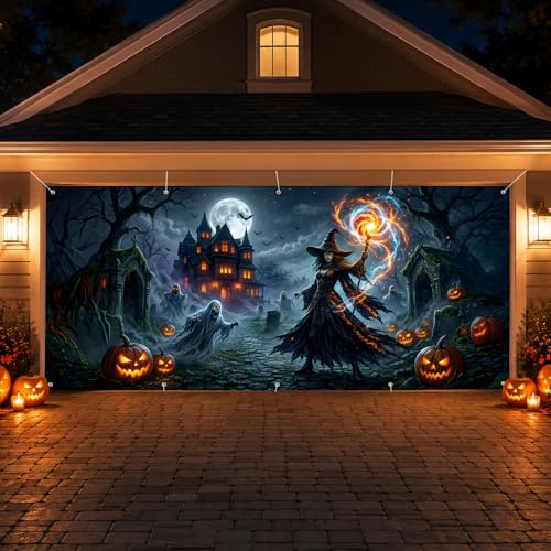 16 x 7 FT Halloween Witch Garage Door Cover Banner Spooky Witch Haunted House with Ghosts Pumpkins Moonlight Garage Door Backdrop for Outdoor Halloween Decorations