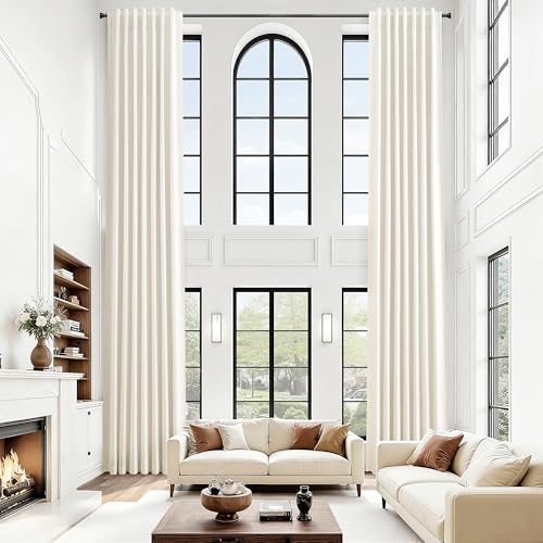 Joywell Natural 100% Blackout Extra Long Curtains with Back Tab 12ft Cream Linen Blended Room Darkening High Living Room Drapes 144 inch for High Ceiling or Long Window 1 Panel 52x144 Inch