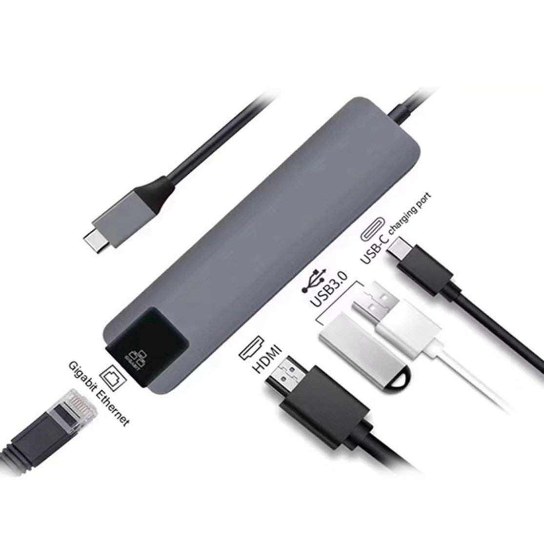 5 w 1 wielofunkcyjny hub USB typu C Hdmi 4K USB C hub do Gigabit Ethernet Rj45 Lan adapter 3 ładowarka USB-C; szary Candybarbar