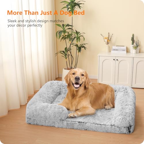 HMTOPE Orthopädisches Hundebett, Hundesofa, hohen Rand, Hundekissen, Hundekorb, Abnehmbar und waschbar, Mittelgroße Hunde, Grosse Hunde, 106 x 80 x 20 cm, Hellgrau