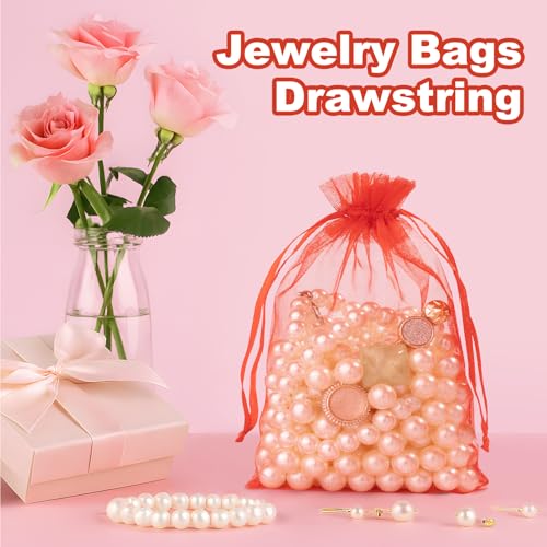 Image of Crweety 50 Pcs Red Organza Bags 3x4 In, Small Mesh Gift Bags with Drawstring, Sheer Gift Pouch for Jewelry Sachet, Wedding Party Favor, Candy, Bridal Shower, Baby Shower Decor & Graduation Gifts