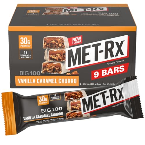 MET-Rx Big 100 Colossal Protein Bars, Vanilla Caramel Churro Meal Replacement Bars, Brown, 9 Count