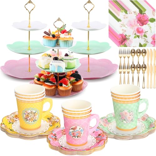 Layhit 83 Pcs Floral Tea Party Set Include 12 Sets 9 oz Floral Paper Cups and Saucers, Napkins, 3 Tier Cake Stand and Serving Platter Disposable Tableware for Girls Birthdays(Vivid)