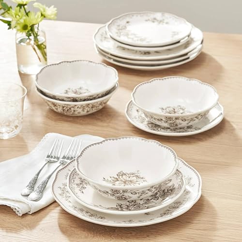 Agatha 12-Piece Stoneware Dinnerware Set – Service for 4, Rustic Farmhouse Plates & Bowls, Vintage Floral Design, Microwave & Dishwasher Safe (Brown)
