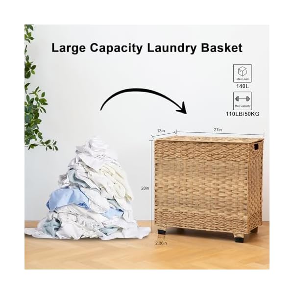 Oiahomy laundry hamper with lid 140l synthetic rattan clothes hamper with handles handwoven large laundry basket with 3 removable liner bags foldable laundry room 271326 inches gradient yellow  urban country home decor
