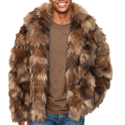 CHICHICFAD Mens Faux Fur Jacket Open-front Coat with Pockets Brown Medium