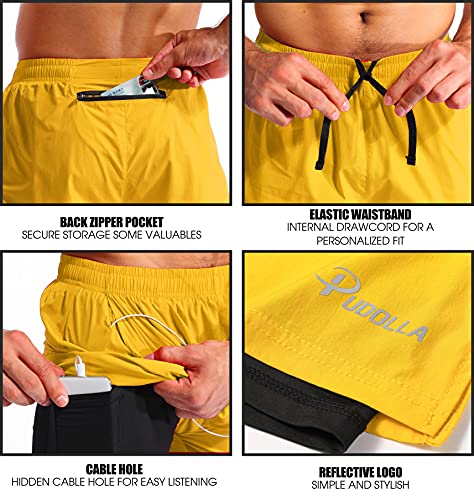 Image of Pudolla Men's 2 in 1 Running Shorts 5 inch Quick Dry Gym Athletic Workout Shorts for Men with Phone Pockets