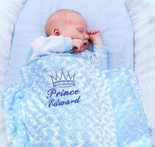 art2tshirt Personalised Embroidered Baby Fluffy Blanket Prince Princess with Name Boy Girl with Crown (Blue)