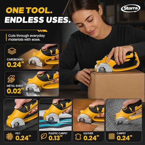 Image of Cordless Electric Scissors, Rechargeable Cardboard Cutter, Rotary Fabric Cutter for Fabric, Carpet, Leather, Plastic & Packaging Materials, Safety Lock, LED Light, USB-C Charging, 75 Min Runtime