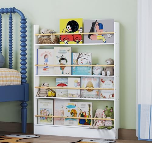 Image of 4 Tier Behind The Door Bookshelf, Space Saving Behind The Door Bookcase Wooden Kids Book Shelf for Bedroom Living Room Study White (120 * 100cm)