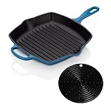 Le Creuset Gusseisen Grillpfanne Signature quadratisch 26 cm, marseille & Le Creuset Silikon-Accessoires Topflappen rund schwarz