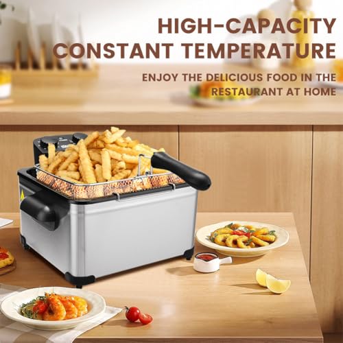 Freidora Industrial De Acero Inoxidable para Encimera, con Tapa Y Cesta, Fácil De Limpiar, Control De Temperatura Ajustable Y Capacidad De 5 litros.