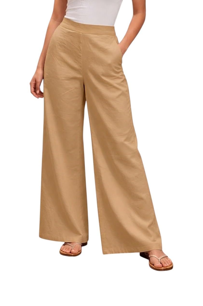 raysha Women's Wide Leg Pants High Waist Cotton Palazzo Women Trousers Elastic Waistband with Side Pockets Casual, Office & Ethnic Wear-picture-58