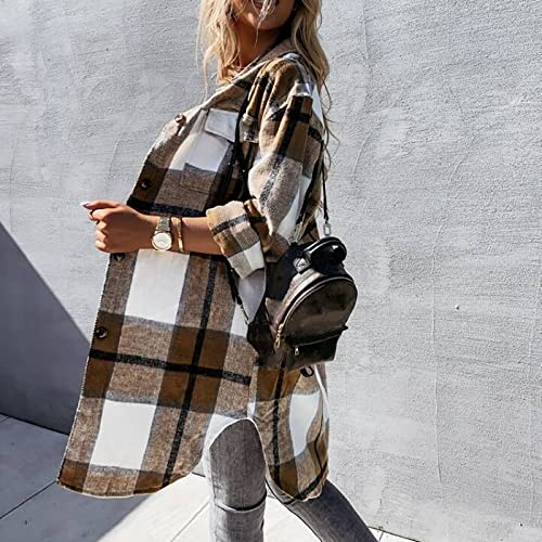 Fashion Shacket Jacket Women Long Sleeve Open Front Cardigan Plaid Printing Blouse Woolen Coat Fall Outerwear Tops3