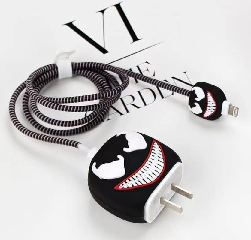 Image of INEFABLE Charger Case Cover Protector with 3D Cute Pattern for iPhone Charger only 18W & 20W, Data Charging Cable Wire Saver Protective Cable Cover Full Protection - Set Of 1 (Black Venom)