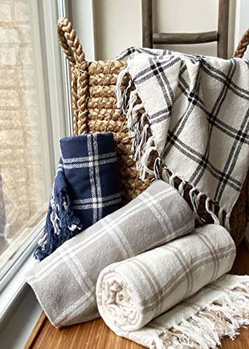 Elrene Home Fashions Farmhouse Living Double Windowpane Plaid Cozy Fringe Blanket Throw For Couch/Sofa/Bed/Everyday, Single (50 In X 60 In), Gray/White #TOP3