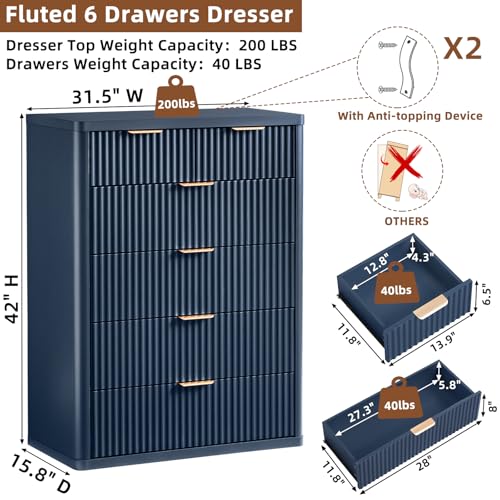 Image of LEYAOYAO Fluted 6 Drawers Dresser for Bedroom, 42 inch Tall Modern Chest of Drawers with Metal Handle, Curved Profile Design,Navy Blue Wood Drawer Organizer for Bedroom, Living Room, Hallway, Entryway