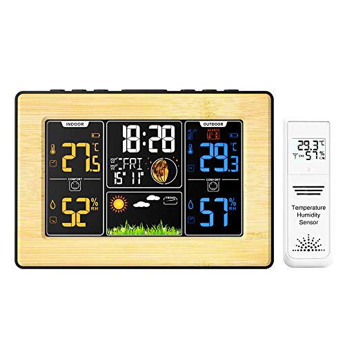 Protmex Estación meteorológica inalámbrica Pantalla Digital en Color de Alta definición Superficie de bambú Termómetro para Interiores y Exteriores Alarma Barómetro de Humedad